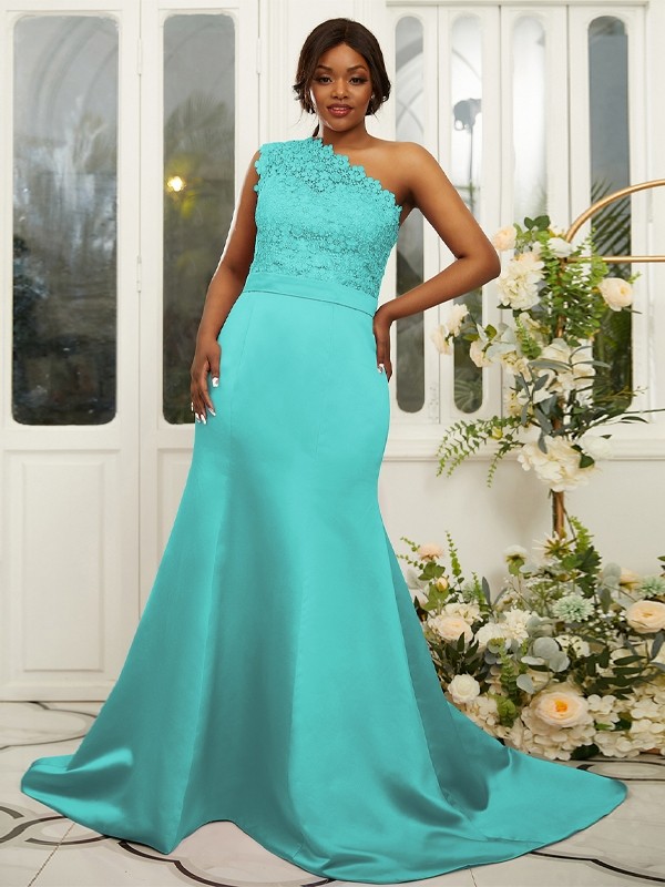 Sheath/Column Satin Lace One-Shoulder Sleeveless Sweep/Brush Train Bridesmaid Dresses 3017