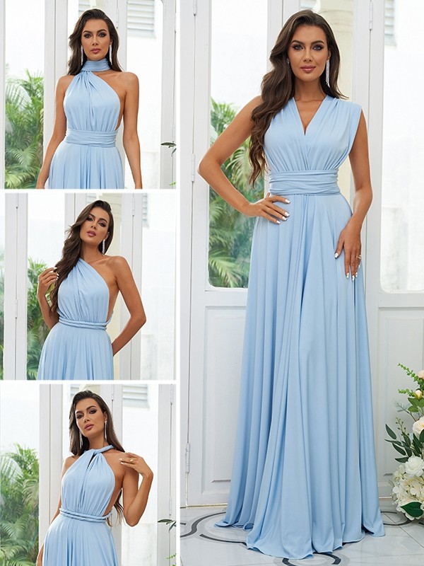 A-Line/Princess Jersey Ruffles V-neck Sleeveless Floor-Length Convertible Bridesmaid Dresses 2331