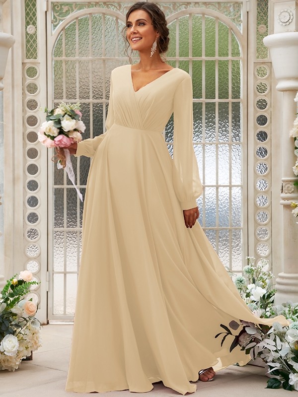 A-Line/Princess Chiffon Ruched V-neck Long Sleeves Floor-Length Bridesmaid Dresses 2169