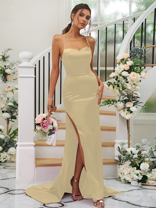 Sheath/Column Elastic Woven Satin Ruched Square Sleeveless Sweep/Brush Train Bridesmaid Dresses 2932