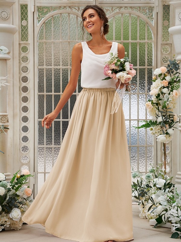 A-Line/Princess Chiffon Ruffles Scoop Sleeveless Floor-Length Two Piece Bridesmaid Dresses 2210