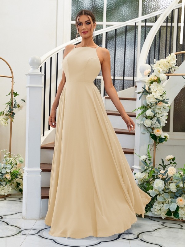 A-Line/Princess Chiffon Ruffles Halter Sleeveless Floor-Length Bridesmaid Dresses 2195