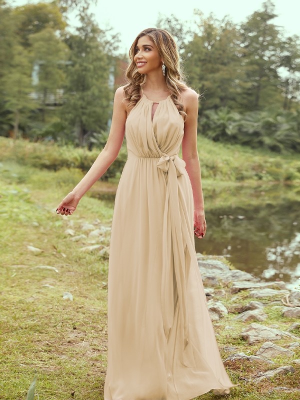 A-Line/Princess Chiffon Ruffles Halter Sleeveless Sweep/Brush Train Bridesmaid Dresses 2196