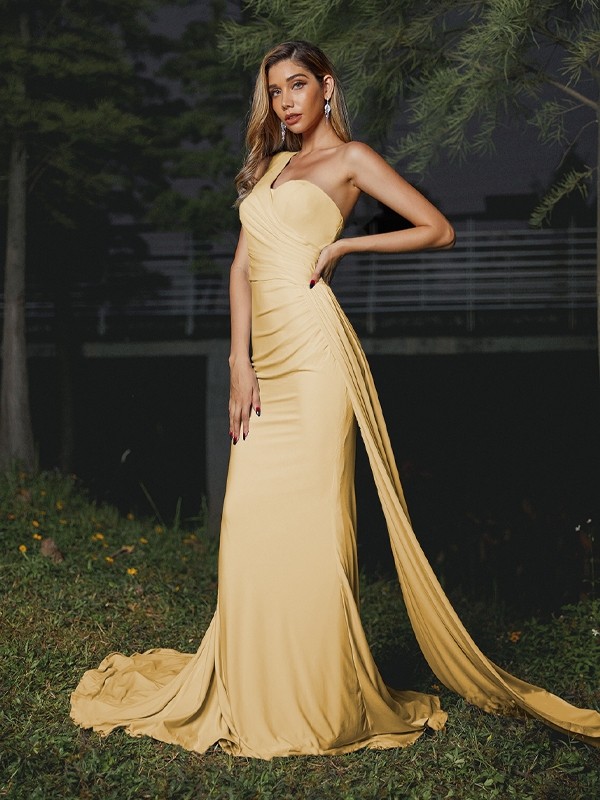 Sheath/Column Jersey Ruched One-Shoulder Sleeveless Sweep/Brush Train Bridesmaid Dresses 2963