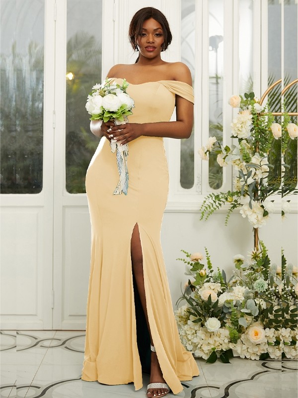 Sheath/Column Jersey Ruffles Off-the-Shoulder Sleeveless Sweep/Brush Train Bridesmaid Dresses 2969