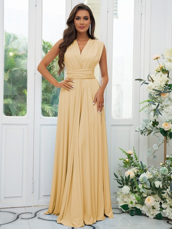 A-Line/Princess Jersey Ruffles V-neck Sleeveless Floor-Length Convertible Bridesmaid Dresses 2331