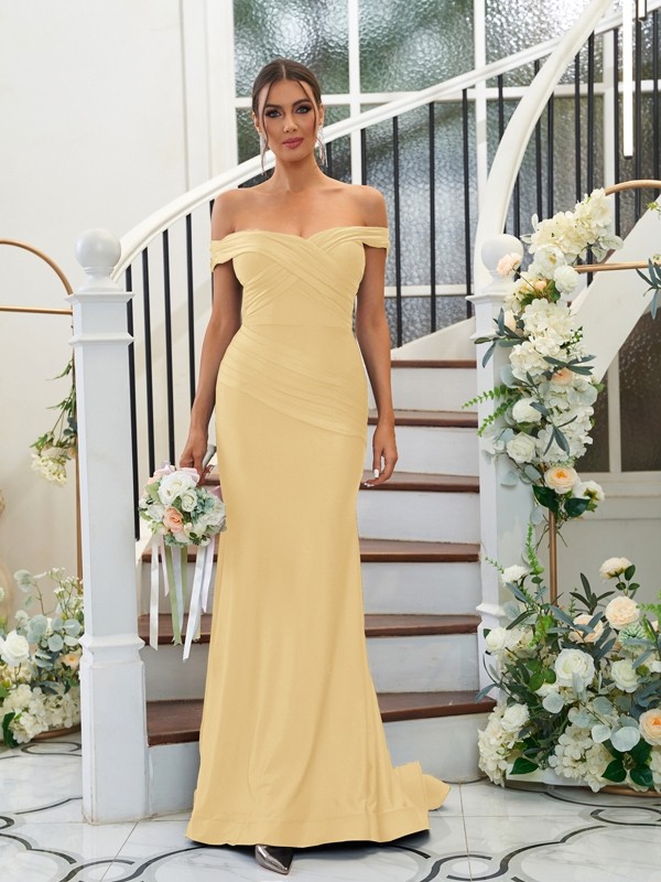 Sheath/Column Jersey Ruched Off-the-Shoulder Sleeveless Sweep/Brush Train Bridesmaid Dresses 2959