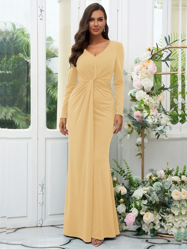 Sheath/Column Jersey Ruched V-neck Long Sleeves Floor-Length Bridesmaid Dresses 2966