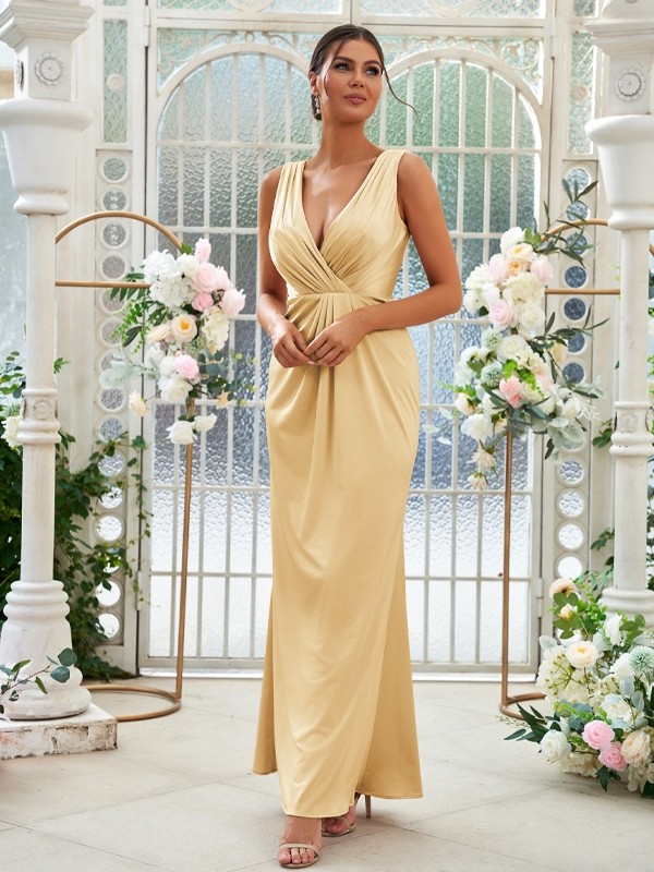 Sheath/Column Jersey Ruched V-neck Sleeveless Floor-Length Bridesmaid Dresses 2967