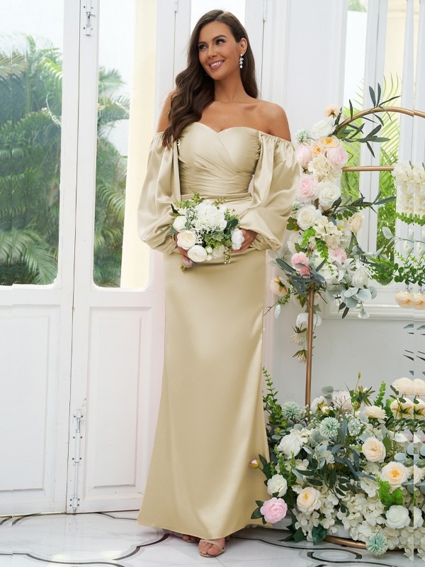 Sheath/Column Silk like Satin Ruched Off-the-Shoulder Long Sleeves Floor-Length Bridesmaid Dresses 3054