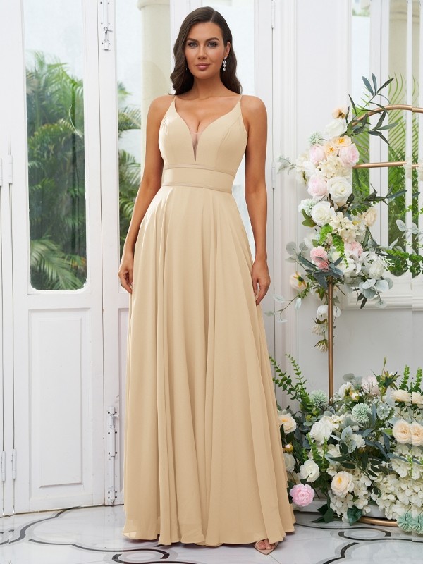 A-Line/Princess Chiffon Ruffles V-neck Sleeveless Floor-Length Bridesmaid Dresses 2239