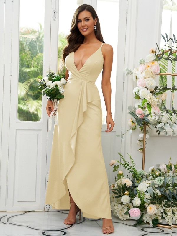 A-Line/Princess Silk like Satin Ruffles V-neck Sleeveless Floor-Length Bridesmaid Dresses 2492