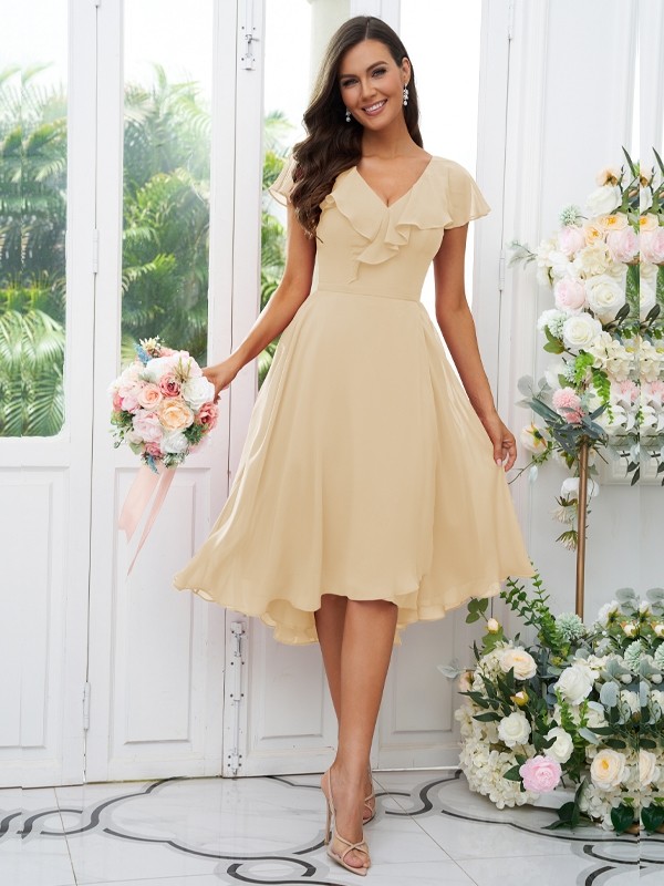 A-Line/Princess Chiffon Ruffles V-neck Short Sleeves Asymmetrical Bridesmaid Dresses 2221