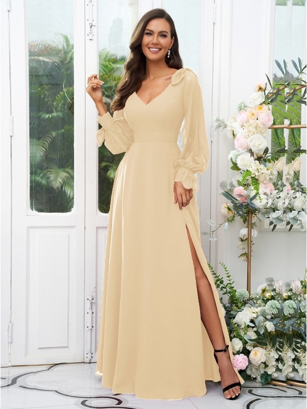 A-Line/Princess Chiffon Bowknot V-neck Long Sleeves Floor-Length Bridesmaid Dresses 2136