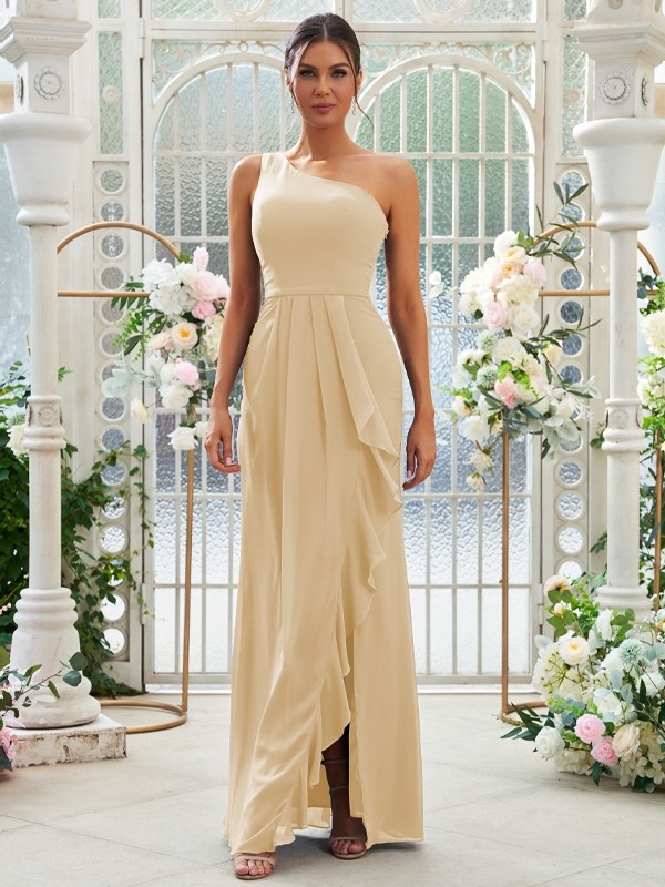 Sheath/Column Chiffon Ruffles One-Shoulder Sleeveless Floor-Length Bridesmaid Dresses 2914