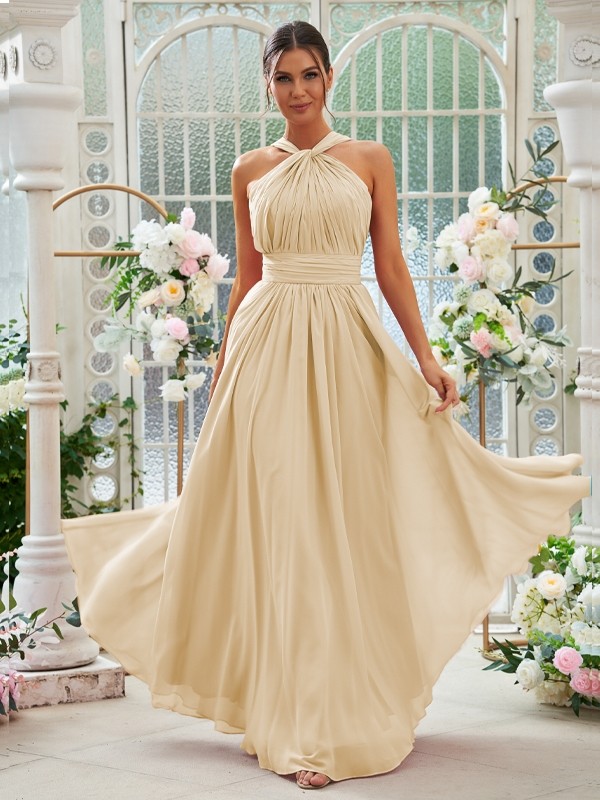 A-Line/Princess Chiffon Ruched Halter Sleeveless Floor-Length Bridesmaid Dresses 2154