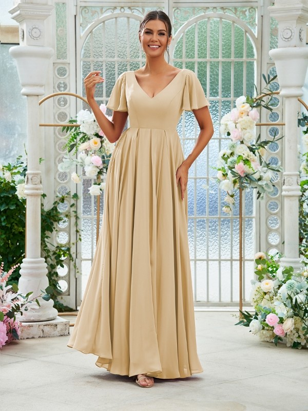 A-Line/Princess Chiffon Ruffles V-neck Short Sleeves Floor-Length Bridesmaid Dresses 2226