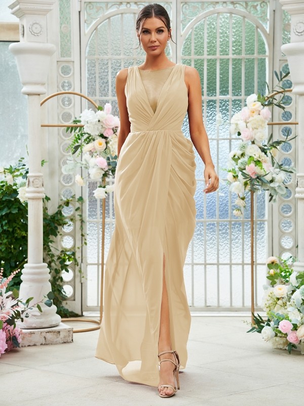 Sheath/Column Chiffon Ruched Scoop Sleeveless Floor-Length Bridesmaid Dresses 2904