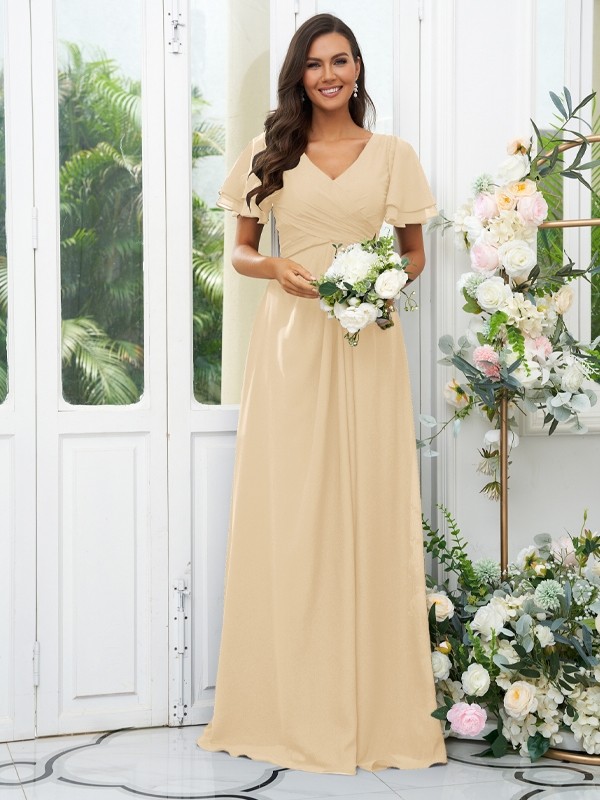 A-Line/Princess Chiffon Ruffles V-neck Short Sleeves Floor-Length Bridesmaid Dresses 2225