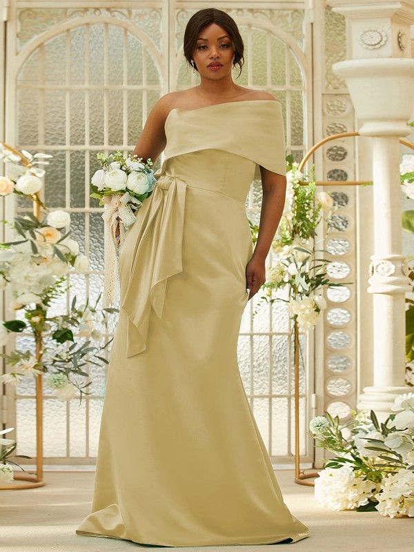 Sheath/Column Satin Ruched One-Shoulder Sleeveless Sweep/Brush Train Bridesmaid Dresses 3022