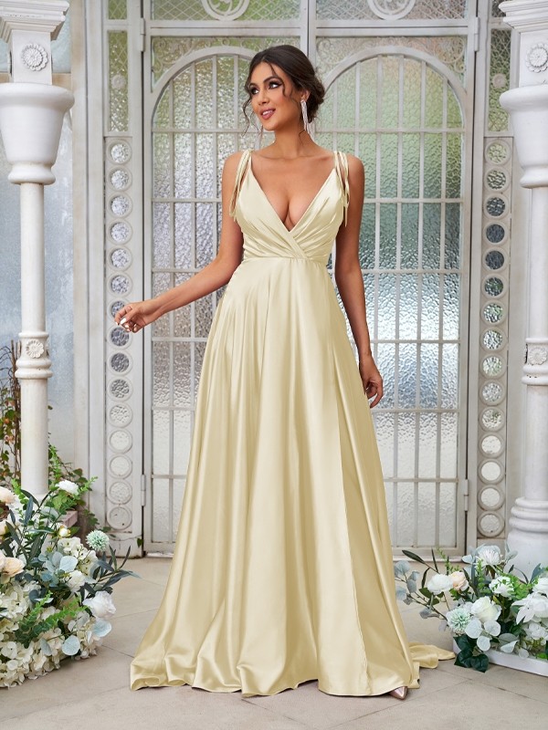 A-Line/Princess Silk like Satin Ruffles V-neck Sleeveless Sweep/Brush Train Bridesmaid Dresses 2494