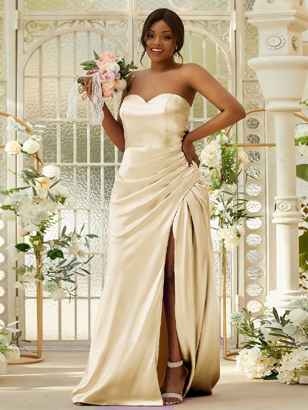 Sheath/Column Silk like Satin Ruched Sweetheart Sleeveless Sweep/Brush Train Bridesmaid Dresses 3079