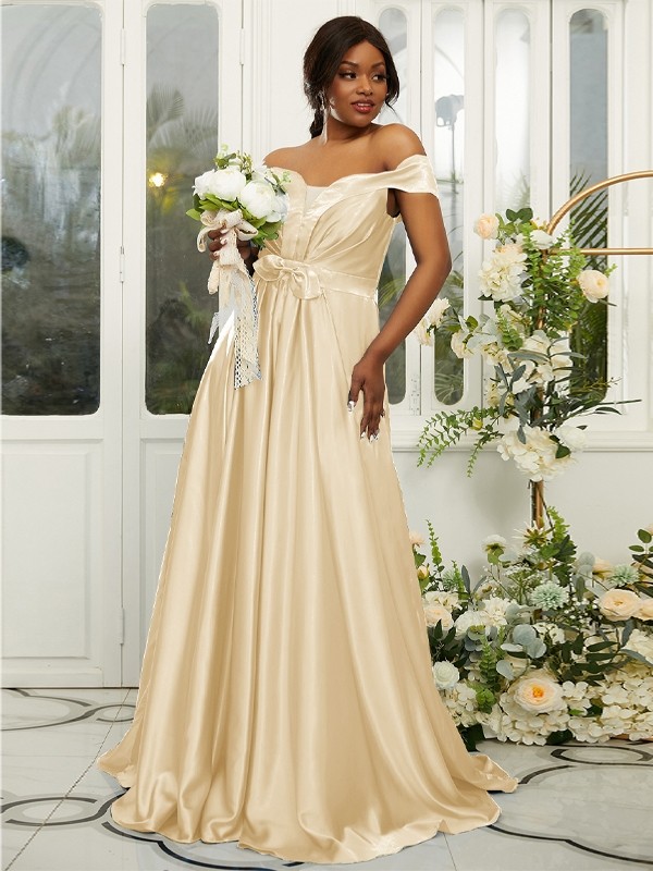 A-Line/Princess Silk like Satin Ruffles Off-the-Shoulder Sleeveless Sweep/Brush Train Bridesmaid Dresses 2482