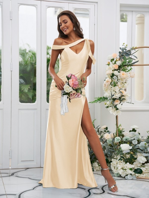 Sheath/Column Polyester Ruched Off-the-Shoulder Sleeveless Sweep/Brush Train Bridesmaid Dresses 2881