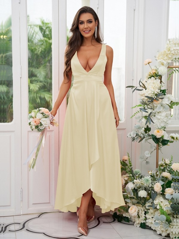 A-Line/Princess Silk like Satin Ruffles V-neck Sleeveless Ankle-Length Bridesmaid Dresses 2489