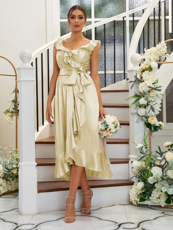 A-Line/Princess Silk like Satin Ruffles V-neck Sleeveless Tea-Length Bridesmaid Dresses 2496