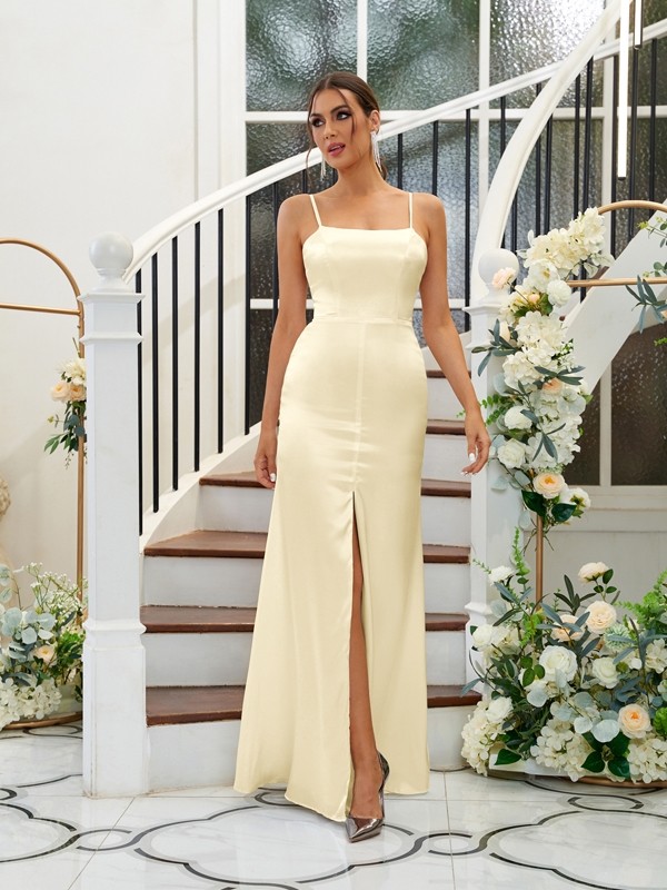 A-Line/Princess Silk like Satin Ruffles Spaghetti Straps Sleeveless Floor-Length Bridesmaid Dresses 2484