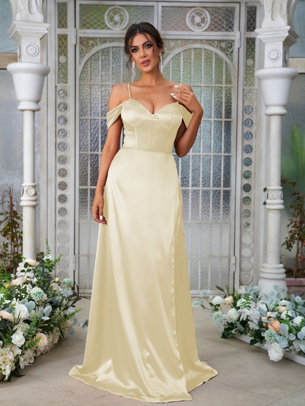 A-Line/Princess Silk like Satin Ruched Sweetheart Sleeveless Sweep/Brush Train Bridesmaid Dresses 2473