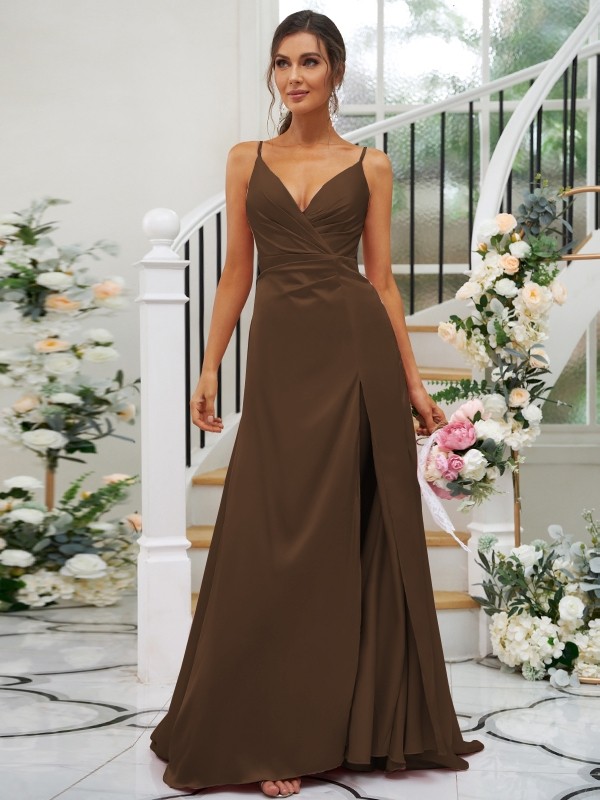 A-Line/Princess Silk like Satin Ruched V-neck Sleeveless Floor-Length Bridesmaid Dresses 2476