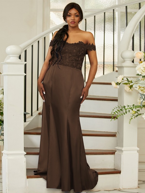 Sheath/Column Silk like Satin Applique Off-the-Shoulder Sleeveless Sweep/Brush Train Bridesmaid Dresses 3051