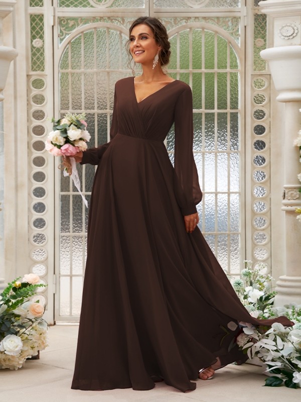 A-Line/Princess Chiffon Ruched V-neck Long Sleeves Floor-Length Bridesmaid Dresses 2169