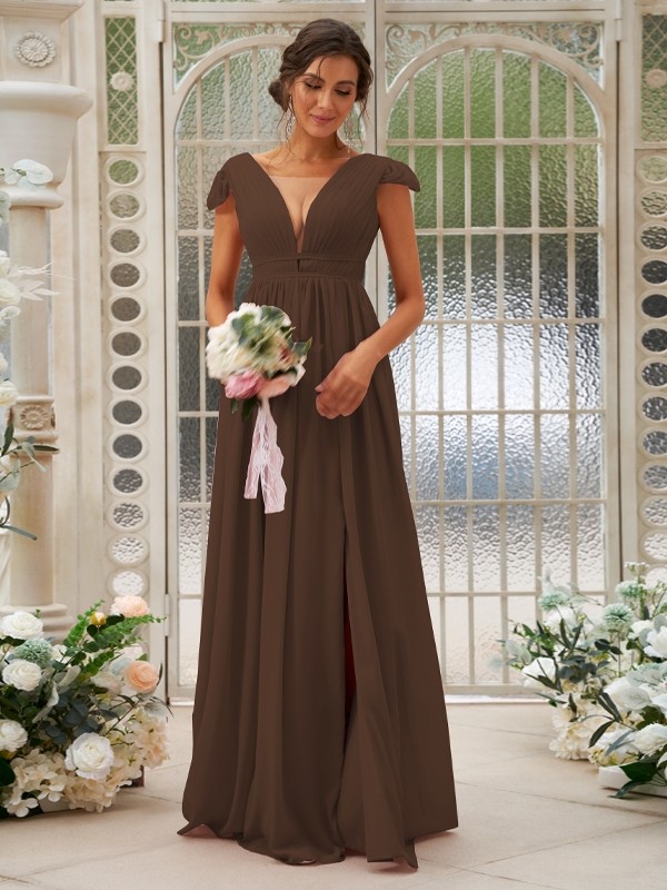 A-Line/Princess Chiffon Ruffles V-neck Sleeveless Sweep/Brush Train Bridesmaid Dresses 2245