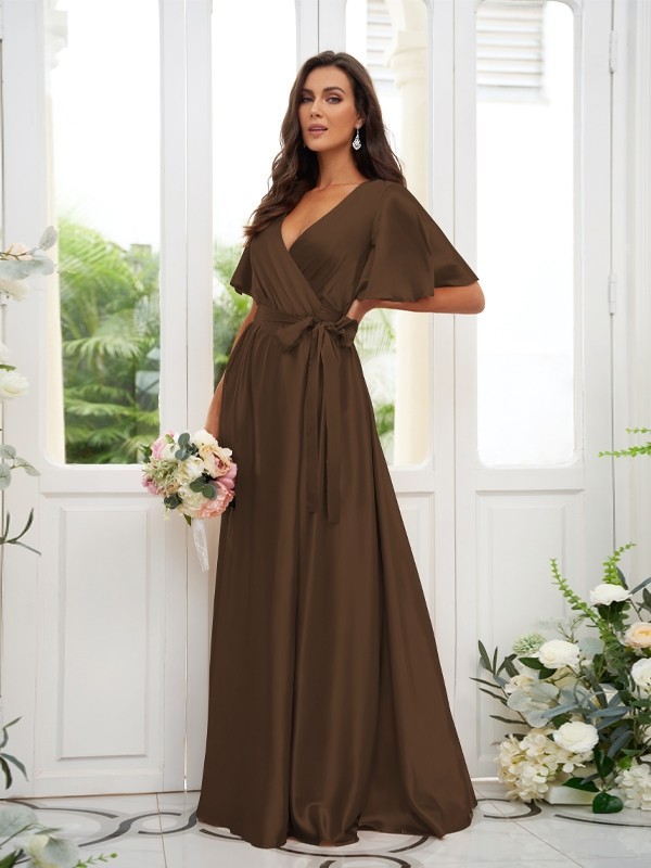 A-Line/Princess Silk like Satin Sash/Ribbon/Belt V-neck Short Sleeves Floor-Length Bridesmaid Dresses 2497