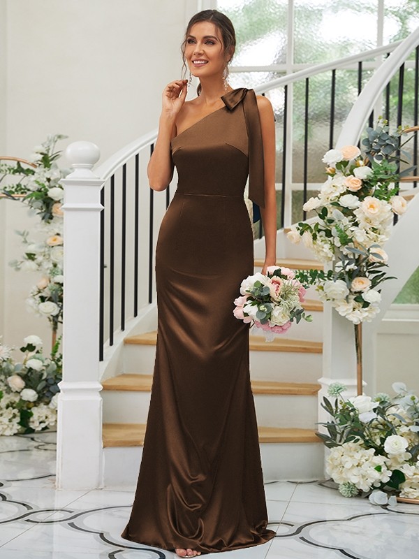 Sheath/Column Silk like Satin Bowknot One-Shoulder Sleeveless Floor-Length Bridesmaid Dresses 3052