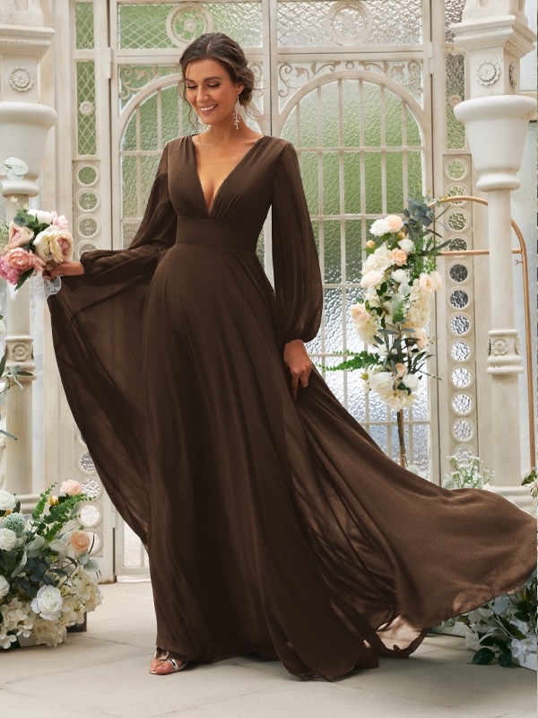 A-Line/Princess Chiffon Ruffles V-neck Long Sleeves Sweep/Brush Train Bridesmaid Dresses 2219