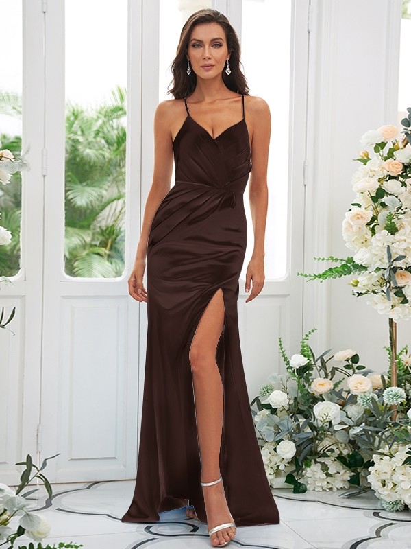 Sheath/Column Elastic Woven Satin Ruched Spaghetti Straps Sleeveless Sweep/Brush Train Bridesmaid Dresses 2929