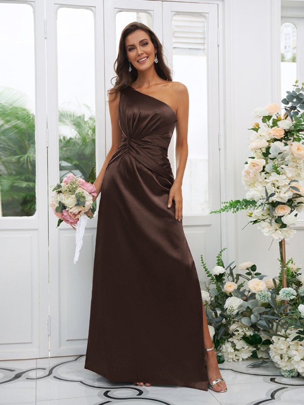 Sheath/Column Elastic Woven Satin Ruched One-Shoulder Sleeveless Floor-Length Bridesmaid Dresses 2922