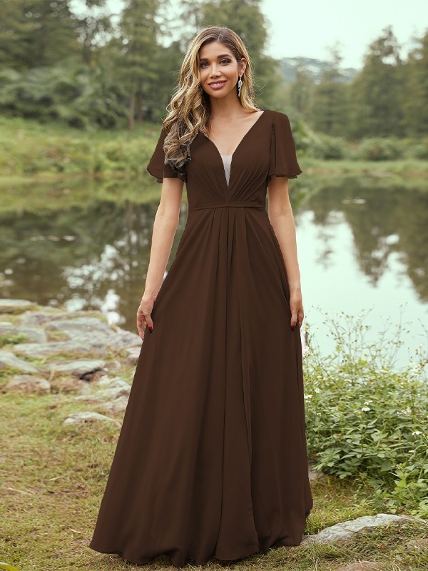 A-Line/Princess Chiffon Ruffles V-neck Short Sleeves Floor-Length Bridesmaid Dresses 2223