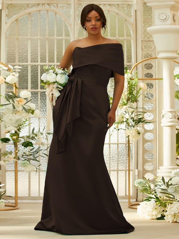 Sheath/Column Satin Ruched One-Shoulder Sleeveless Sweep/Brush Train Bridesmaid Dresses 3022