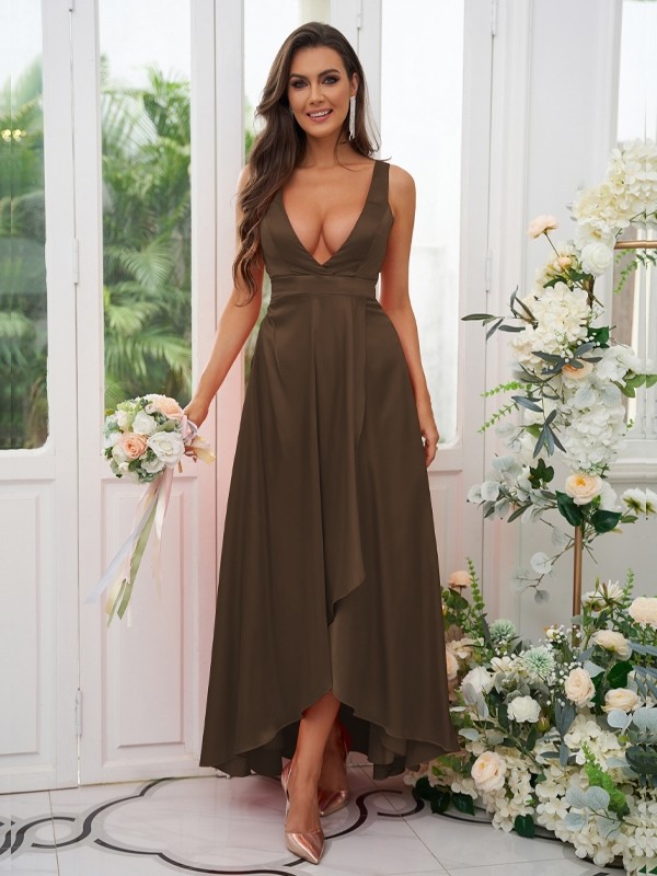 A-Line/Princess Silk like Satin Ruffles V-neck Sleeveless Ankle-Length Bridesmaid Dresses 2489