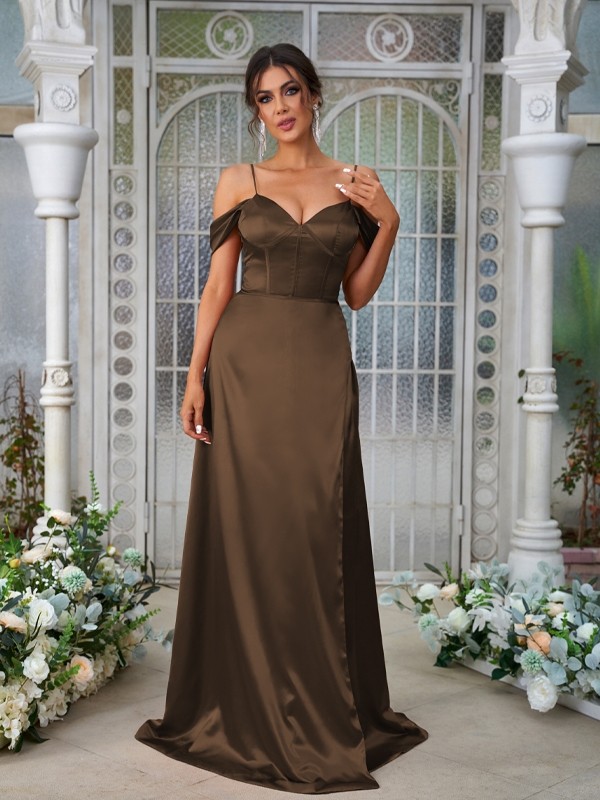 A-Line/Princess Silk like Satin Ruched Sweetheart Sleeveless Sweep/Brush Train Bridesmaid Dresses 2473