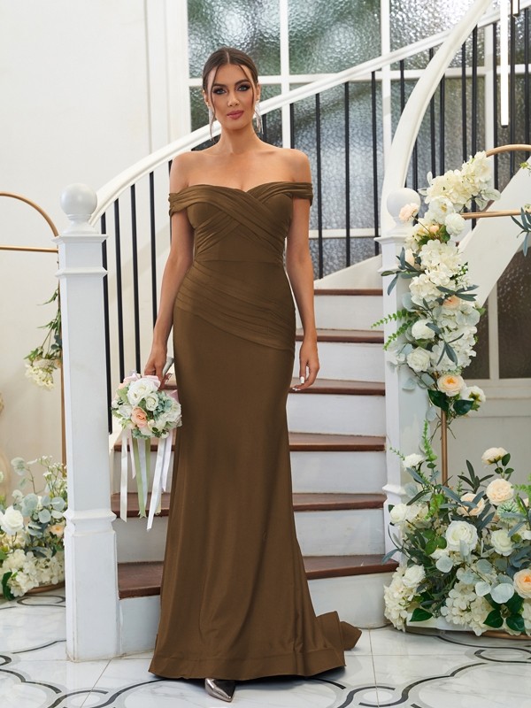 Sheath/Column Jersey Ruched Off-the-Shoulder Sleeveless Sweep/Brush Train Bridesmaid Dresses 2959