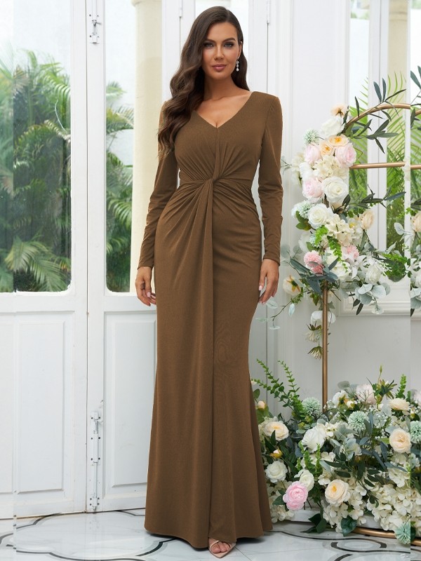 Sheath/Column Jersey Ruched V-neck Long Sleeves Floor-Length Bridesmaid Dresses 2966