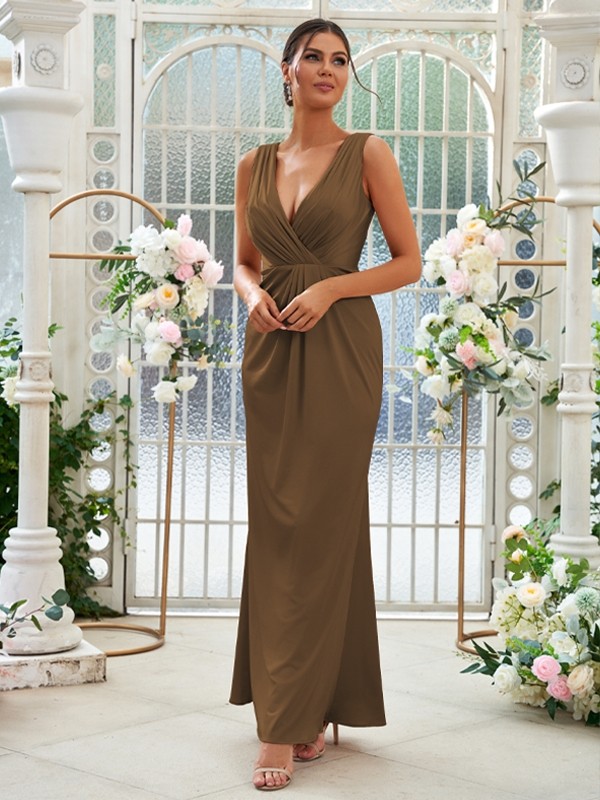 Sheath/Column Jersey Ruched V-neck Sleeveless Floor-Length Bridesmaid Dresses 2967