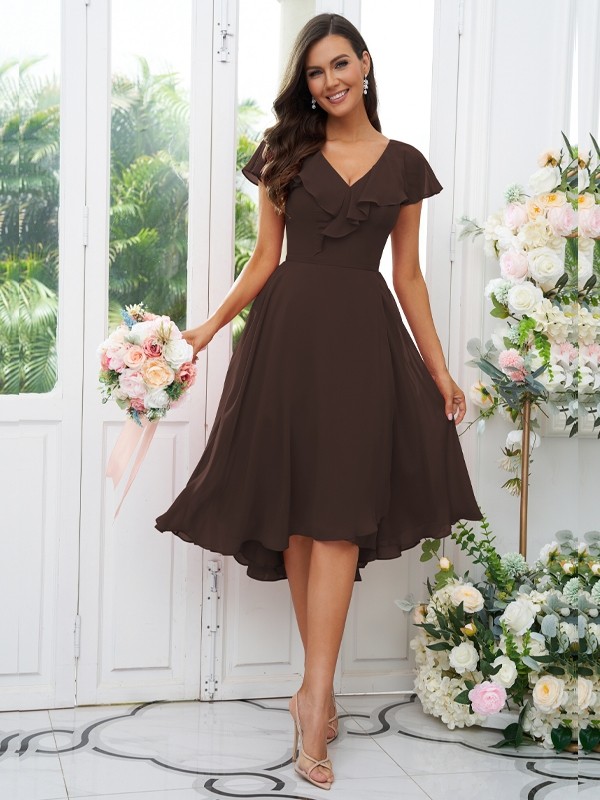 A-Line/Princess Chiffon Ruffles V-neck Short Sleeves Asymmetrical Bridesmaid Dresses 2221