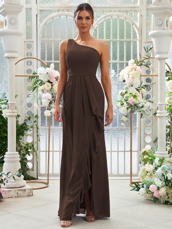 Sheath/Column Chiffon Ruffles One-Shoulder Sleeveless Floor-Length Bridesmaid Dresses 2914